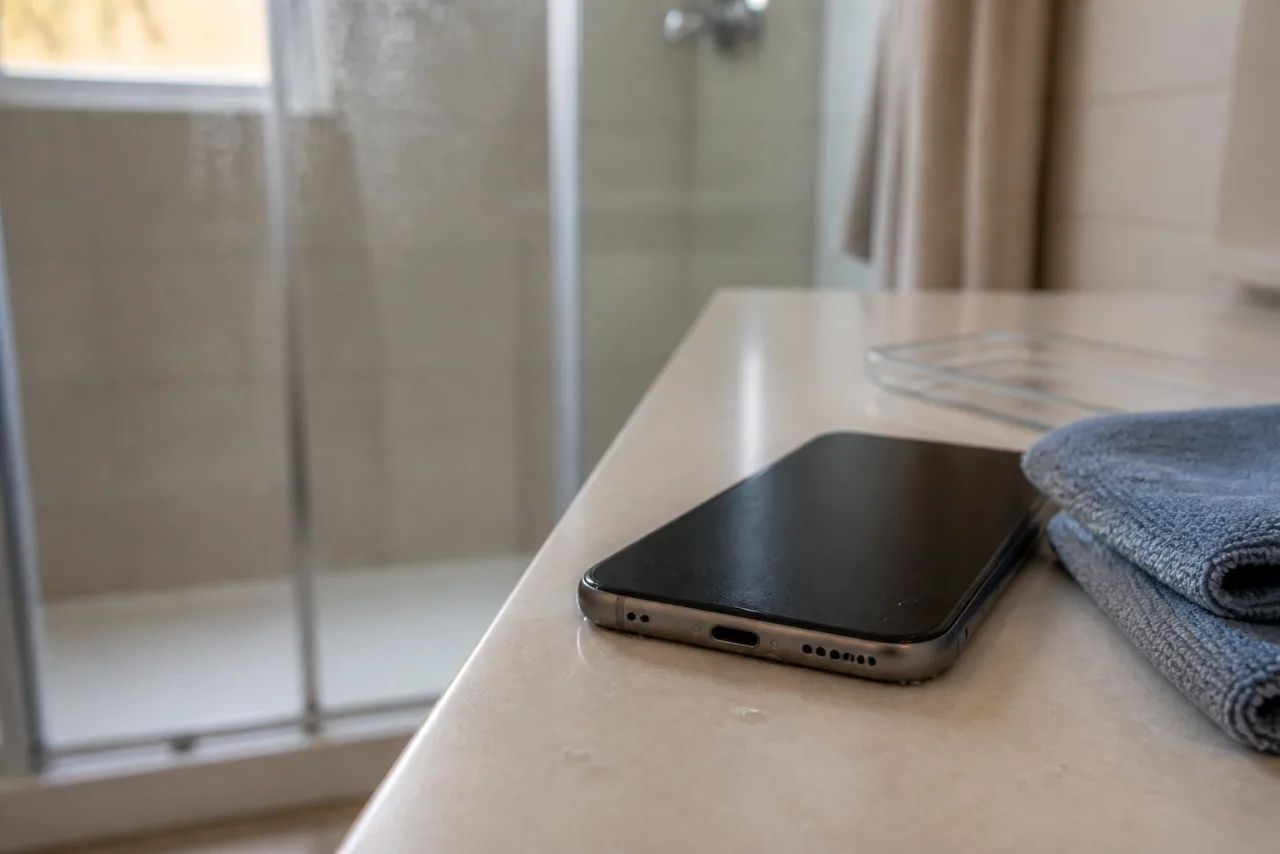Phone with a few water droplets beside a dry microfiber cloth in a bathroom