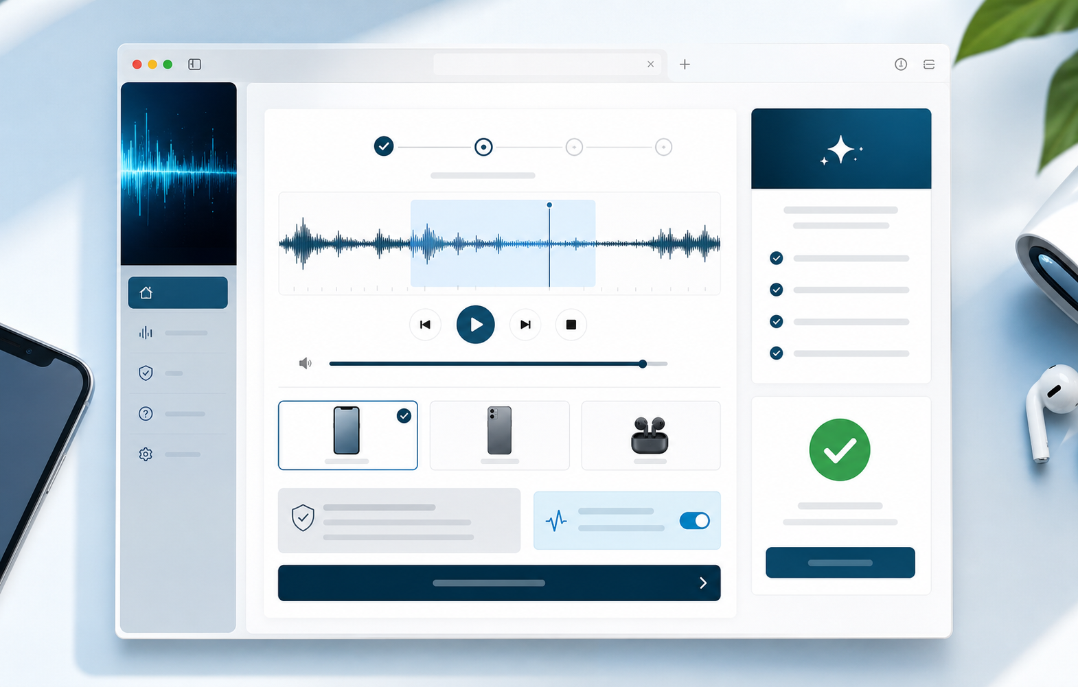 Premium browser mode with guided audio sequence and secure payment