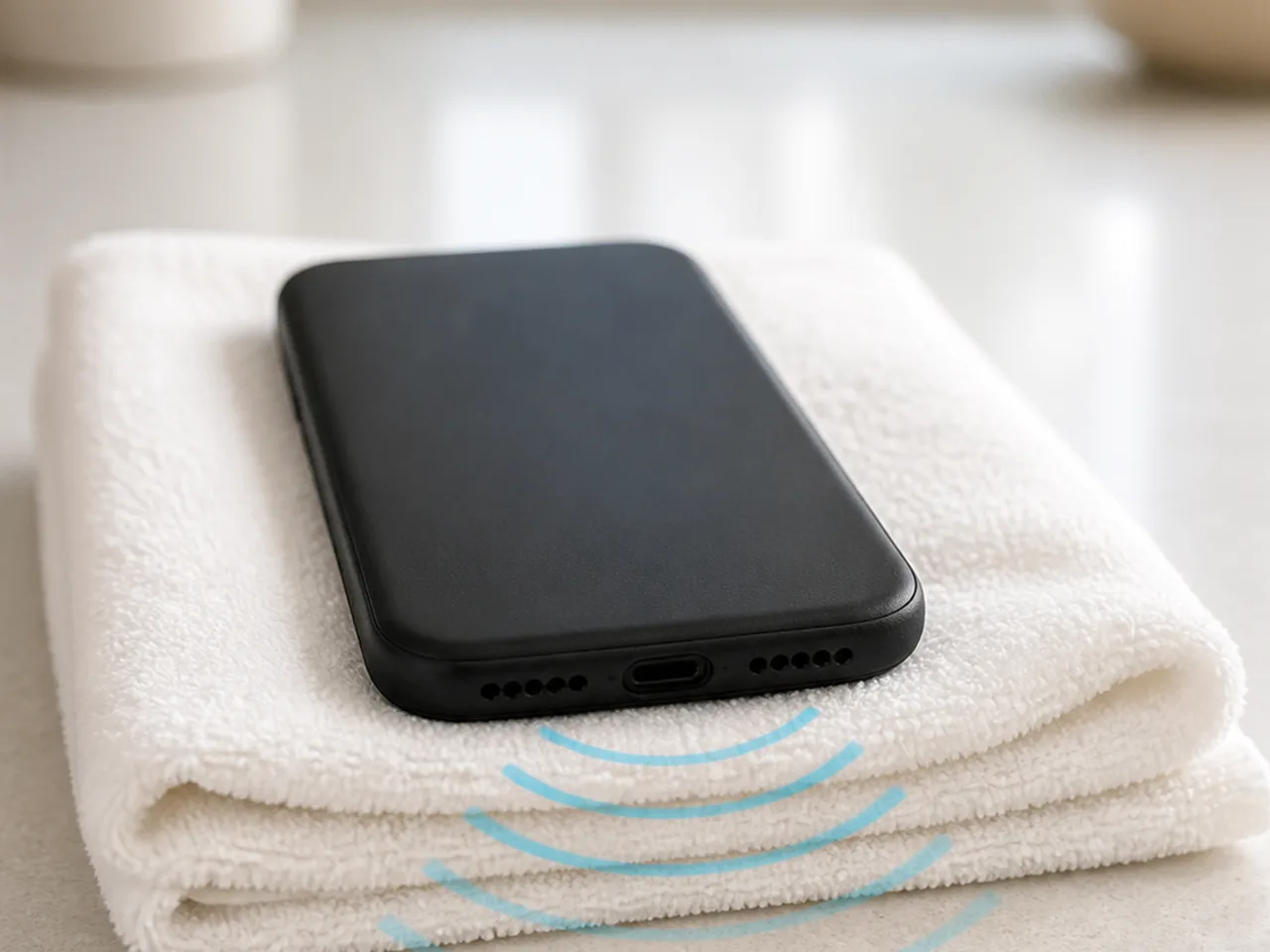 Phone with its speaker pointing downward on a dry towel during a browser sound check